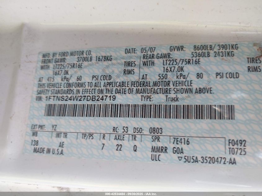 2007 Ford E-250 VIN: 1FTNS24W27DB24719 Lot: 42534484