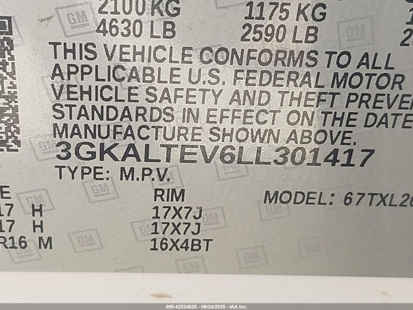 2020 GMC Terrain Awd Sle VIN: 3GKALTEV6LL301417 Lot: 42534528