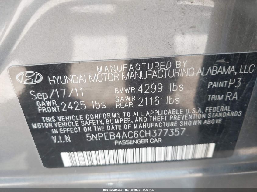 2012 Hyundai Sonata Gls VIN: 5NPEB4AC6CH377357 Lot: 42534550