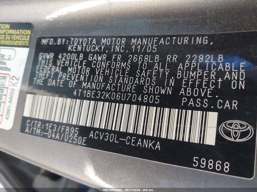 2006 TOYOTA CAMRY VIN: 4T1BE32K06U704805