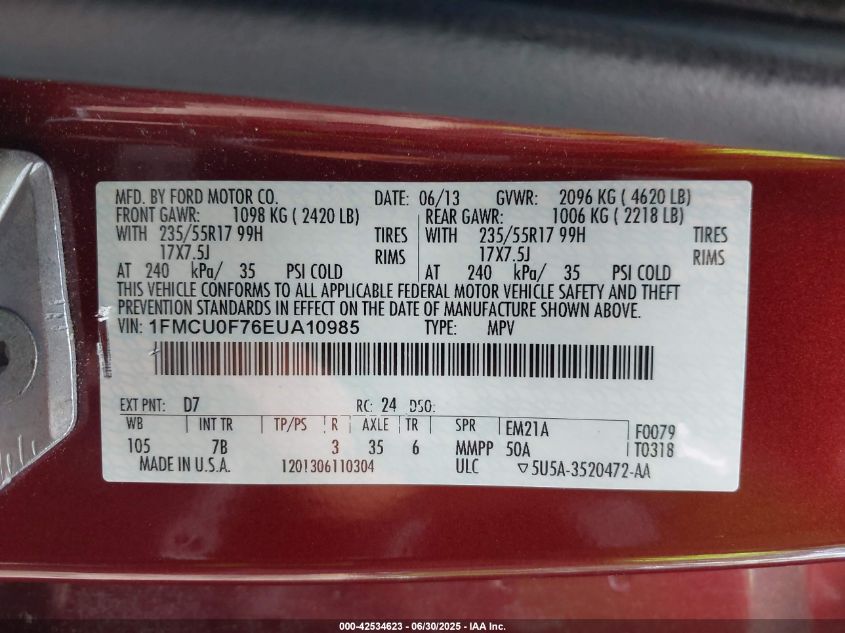 2014 Ford Escape S VIN: 1FMCU0F76EUNA1098 Lot: 42534623