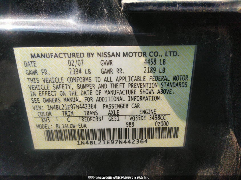 2007 Nissan Altima 3.5 Se VIN: 1N4BL21E97N442364 Lot: 42534686