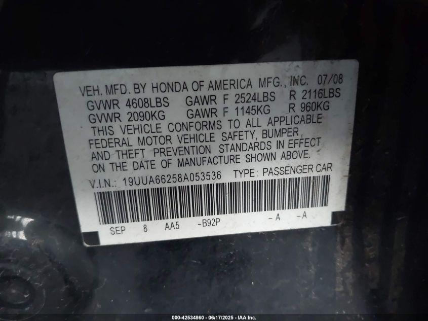 2008 Acura Tl 3.2 VIN: 19UUA66258A053536 Lot: 42534860