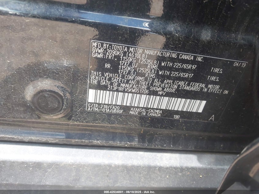 2019 TOYOTA RAV4 VIN: 2T3P1RFV5KW051706