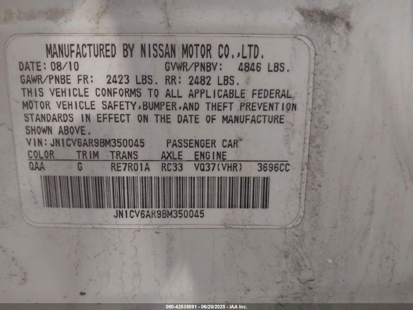 2011 Infiniti G37X VIN: JN1CV6AR9BM350045 Lot: 42535091