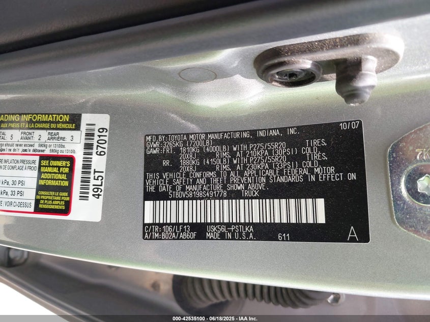2008 TOYOTA TUNDRA VIN: 5TBDV58198S491778