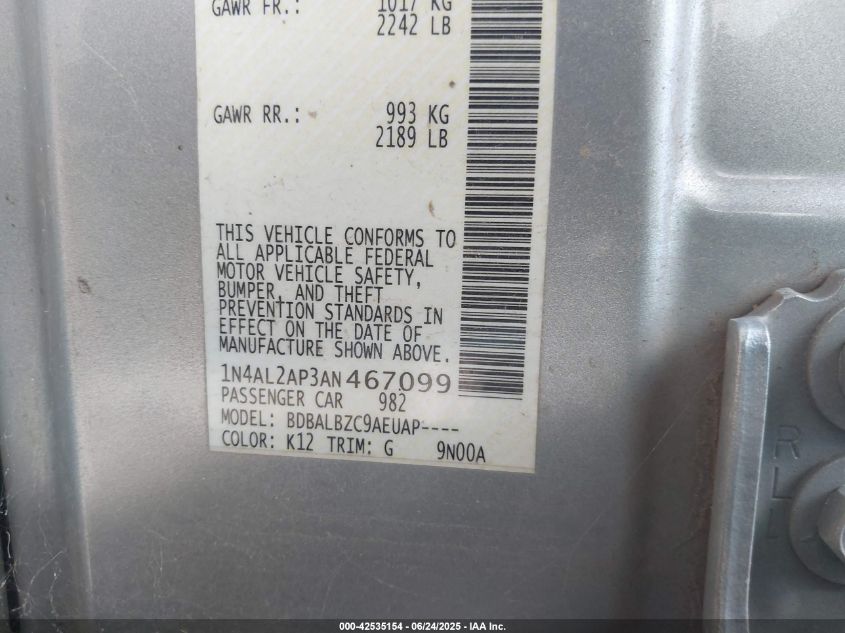 2010 Nissan Altima 2.5 S VIN: 1N4AL2AP3AN467099 Lot: 42535154