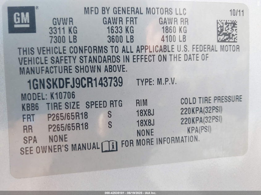 2012 CHEVROLET TAHOE HYBRID VIN: 1GNSKDFJ9CR143739