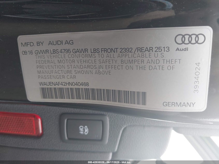 2017 AUDI A4 2.0T PREMIUM WAUENAF42HN040468