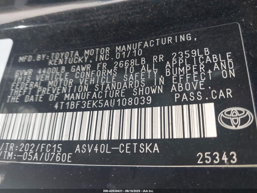 2010 Toyota Camry Se VIN: 4T1BF3EK5AU108039 Lot: 42535431