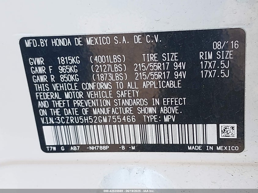 2016 HONDA HR-V EX - 3CZRU5H52GM755466