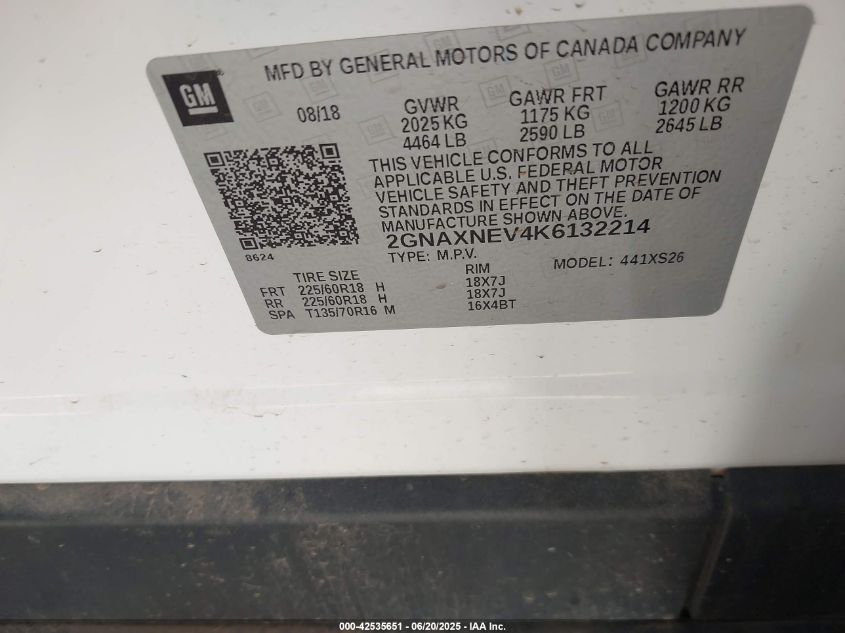 2019 Chevrolet Equinox Premier VIN: 2GNAXNEV4K6132214 Lot: 42535651