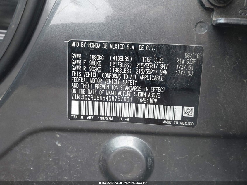 2016 HONDA HR-V VIN: 3CZRU6H54GM757001