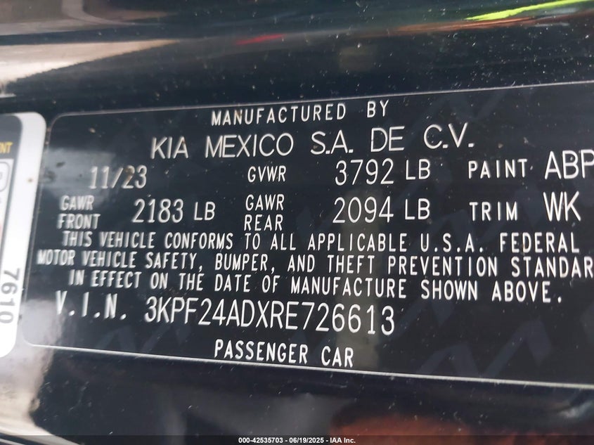 VIN 3KPF24ADXRE726613 2024 KIA FORTE LXS