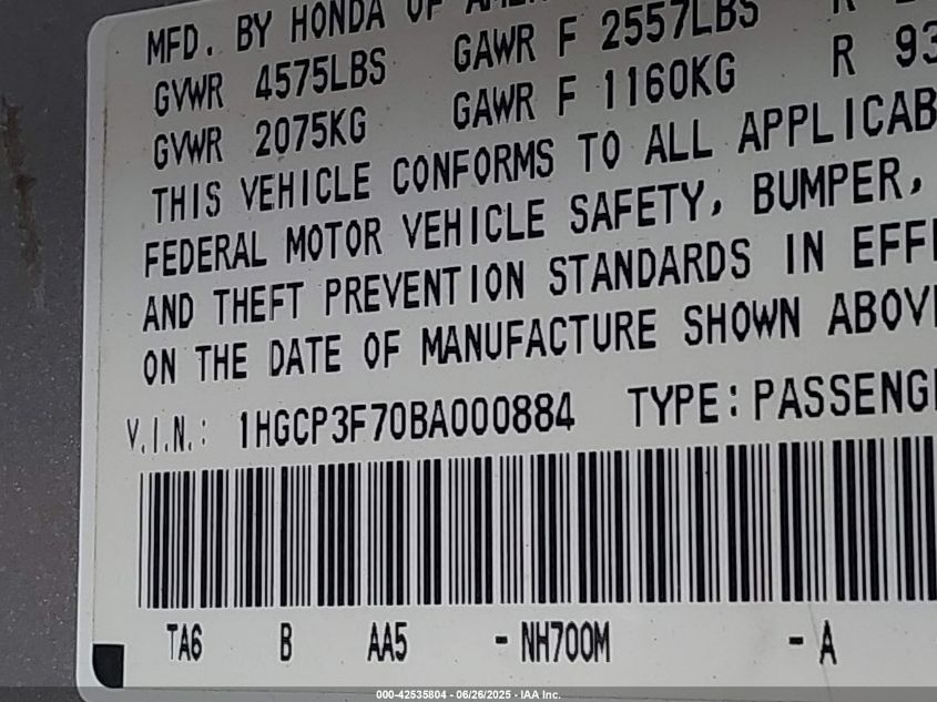 2011 Honda Accord 3.5 Ex VIN: 1HGCP3F70BA000884 Lot: 42535804