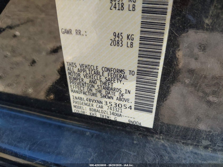 VIN 1N4BL4BVXNN353054 2022 NISSAN ALTIMA S FWD