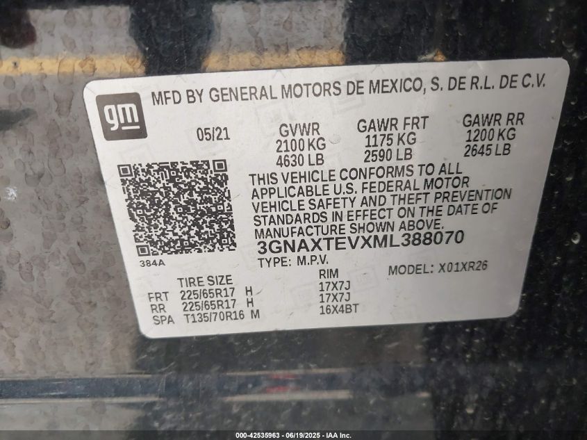 2021 Chevrolet Equinox Awd 2Fl VIN: 3GNAXTEVXML388070 Lot: 42535963