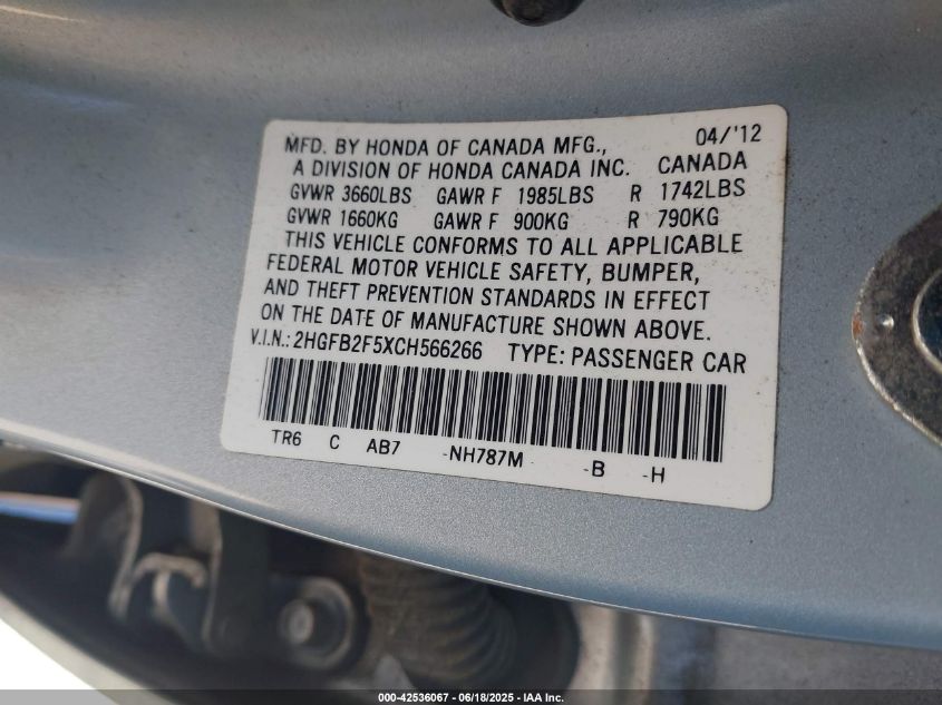 2012 Honda Civic Lx VIN: 2HGFB2F5XCH566266 Lot: 42536067