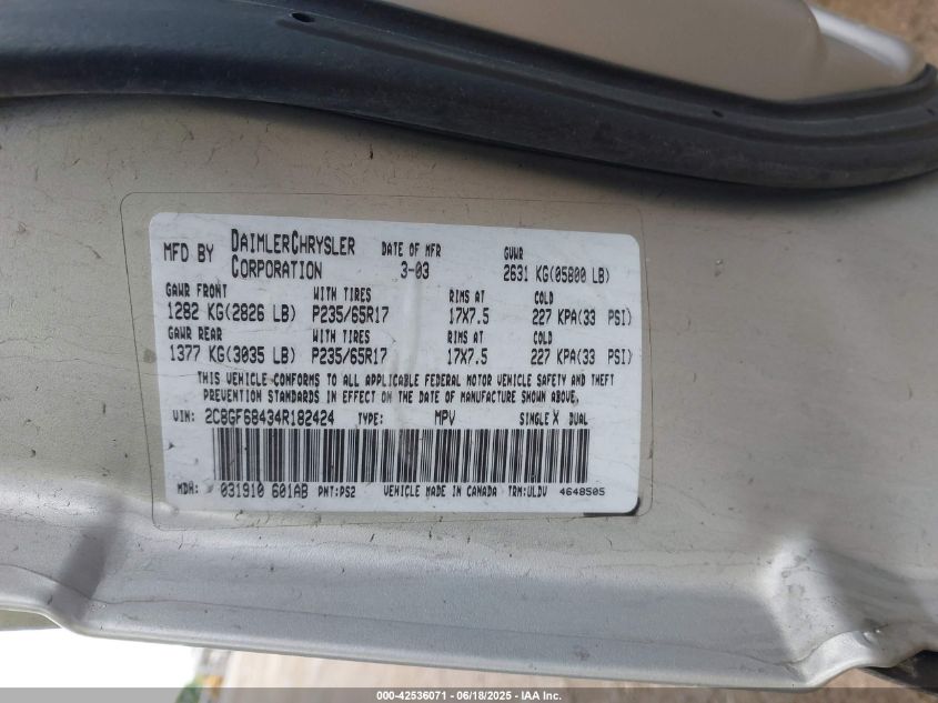 2004 Chrysler Pacifica Utility VIN: 2C8GF6843R182424 Lot: 42536071