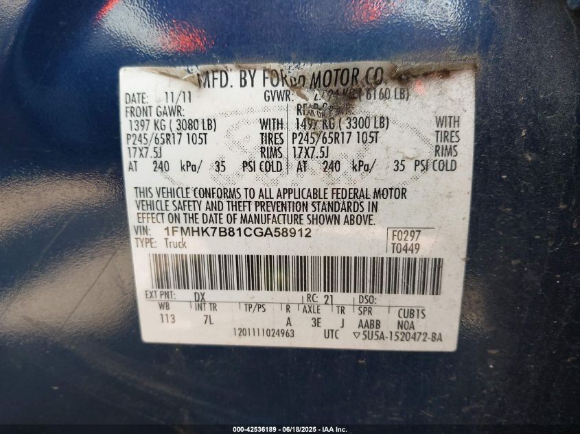 2012 Ford Explorer VIN: 1FMHK7B81CGA58912 Lot: 42536189