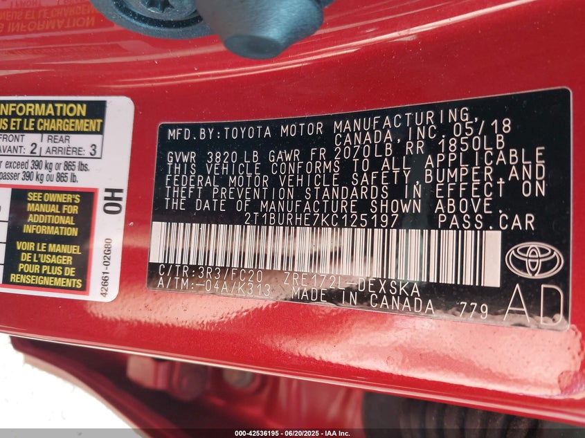 2019 TOYOTA COROLLA SE - 2T1BURHE7KC125197