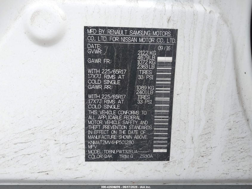 2017 Nissan Rogue S VIN: KNMAT2MV4HP501280 Lot: 42536276