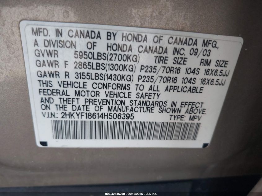 2004 Honda Pilot Ex-L VIN: 2HKYF18614H506395 Lot: 42536290