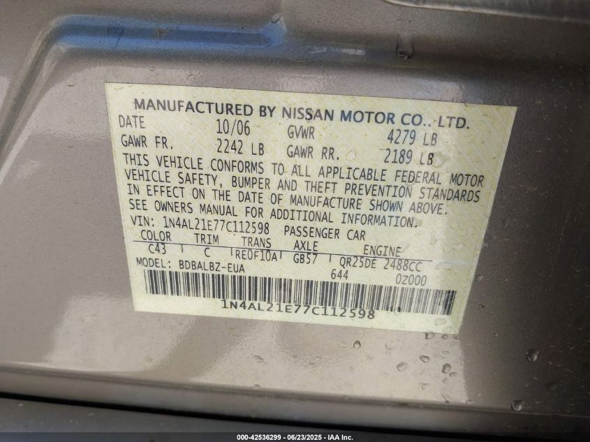 2007 Nissan Altima 2.5 S VIN: 1N4AL21E77C112598 Lot: 42536299