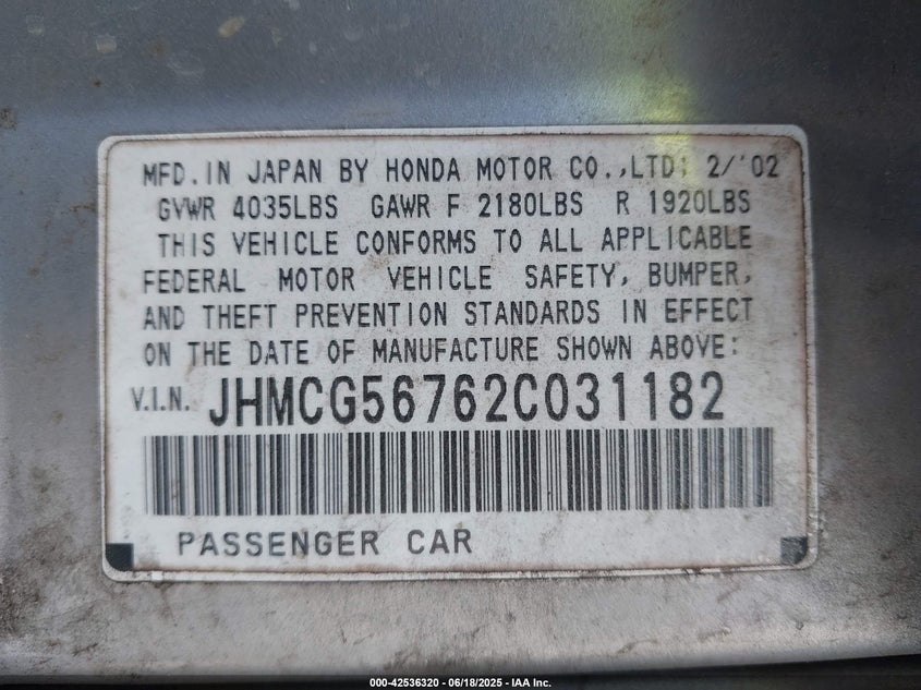 2002 Honda Accord 2.3 Se VIN: JHMCG56762C031182 Lot: 42536320