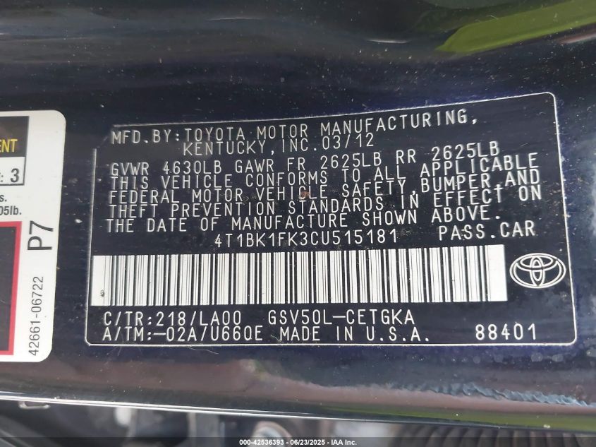 2012 Toyota Camry Xle V6 VIN: 4T1BK1FK3CU515181 Lot: 42536393