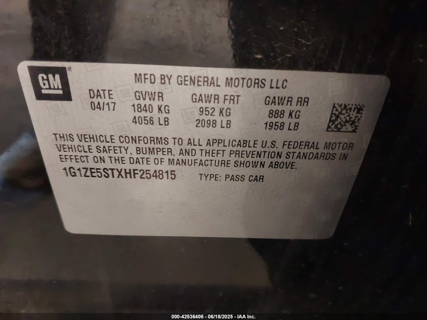 2017 CHEVROLET MALIBU VIN: 1G1ZE5STXHF254815