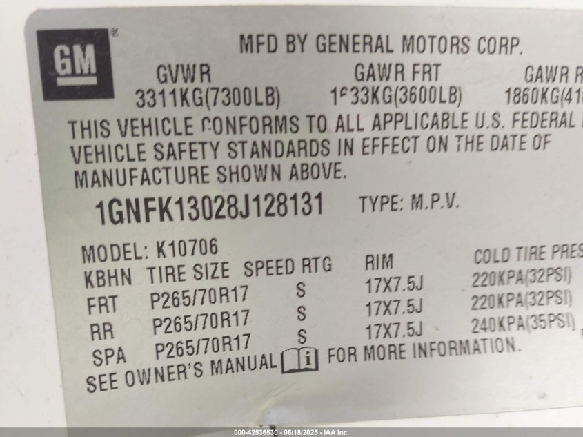 2008 Chevrolet Tahoe Lt VIN: 1GNFK13028J128131 Lot: 42536530