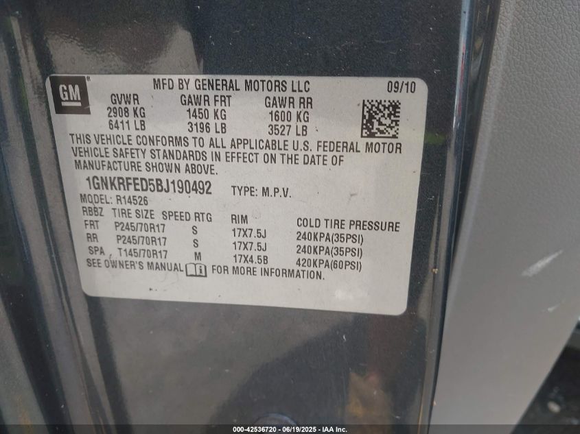 2011 Chevrolet Traverse Ls VIN: 1GNKRFED5BJ190492 Lot: 42536720