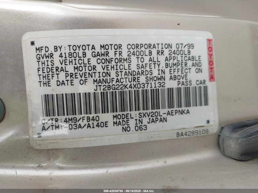 1999 Toyota Camry Le VIN: JT2BG22K4X0371132 Lot: 42536788
