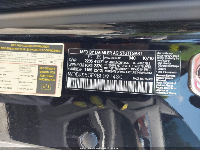 2011 Mercedes-Benz E 350 VIN: WDDKK5GF9BF091480 Lot: 42536807