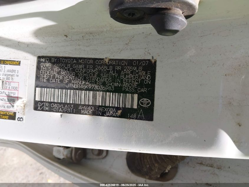 2007 Toyota Camry Hybrid VIN: JTNBB46K973035983 Lot: 42536819