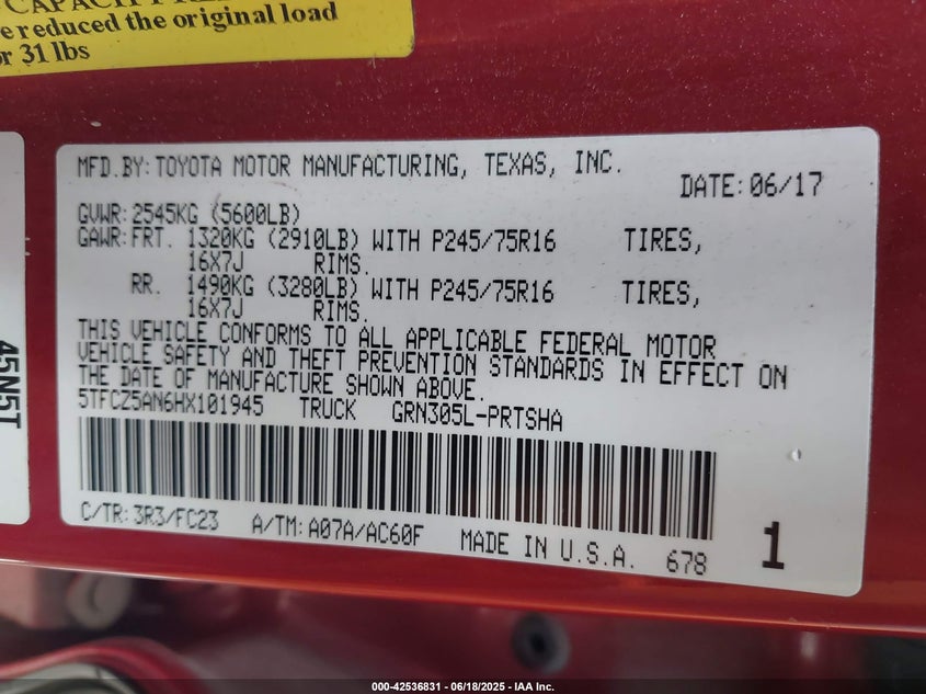 2017 TOYOTA TACOMA SR5 V6 - 5TFCZ5AN6HX101945