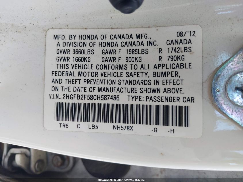2012 Honda Civic Lx VIN: 2HGFB2F58CH587486 Lot: 42537086