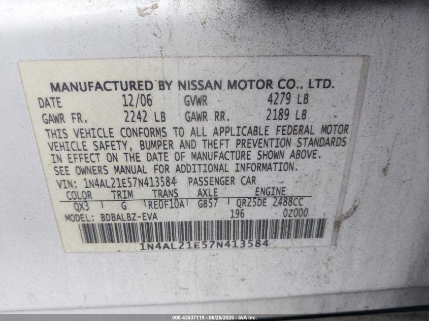 2007 Nissan Altima 2.5 S VIN: 1N4AL21E57N413584 Lot: 42537119