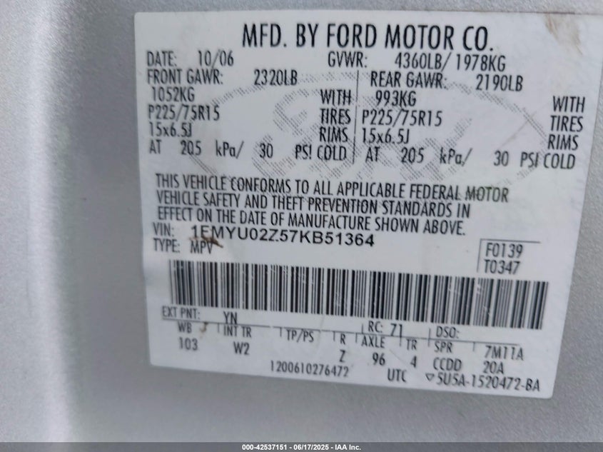 2007 FORD ESCAPE VIN: 1FMYU02Z57KB51364