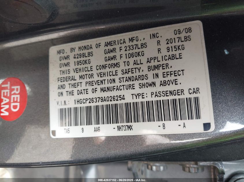 2009 Honda Accord 2.4 Lx VIN: 1HGCP26379A026254 Lot: 42537152