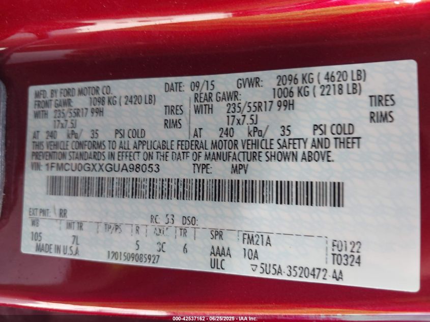 2016 Ford Escape Se VIN: 1FMCU0GXXGUA98053 Lot: 42537162