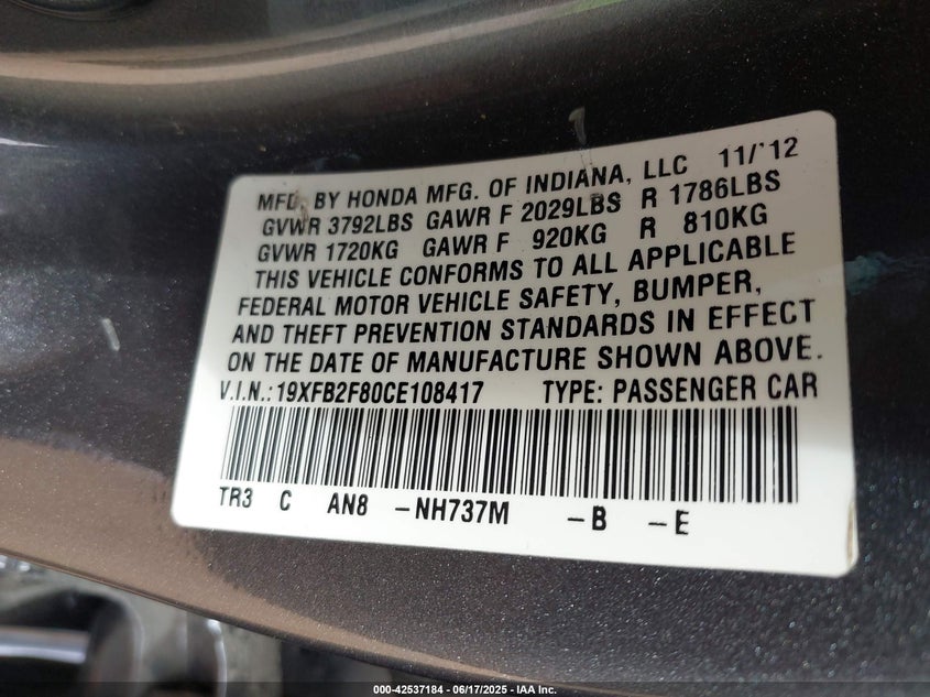 2012 HONDA CIVIC VIN: 19XFB2F80CE108417