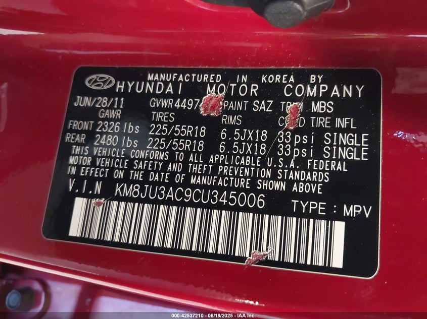 2012 HYUNDAI TUCSON VIN: KM8JU3AC9CU345006