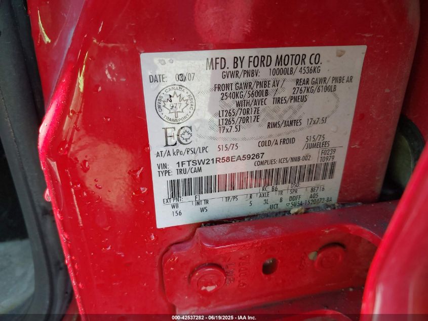 2008 Ford F-250 Fx4/Harley-Davidson/King Ranch/Lariat/Xl/Xlt VIN: 1FTSW21R58EA59267 Lot: 42537282