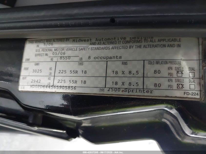2006 Mercedes-Benz Sprinter VIN: WD0PD644565905856 Lot: 42537285