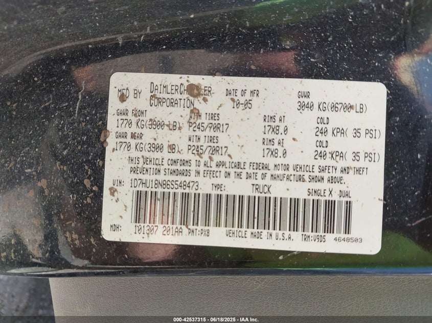 2006 Dodge Ram 1500 Slt/Trx4 Off Road/Sport VIN: 1D7HU18N86S548473 Lot: 42537315