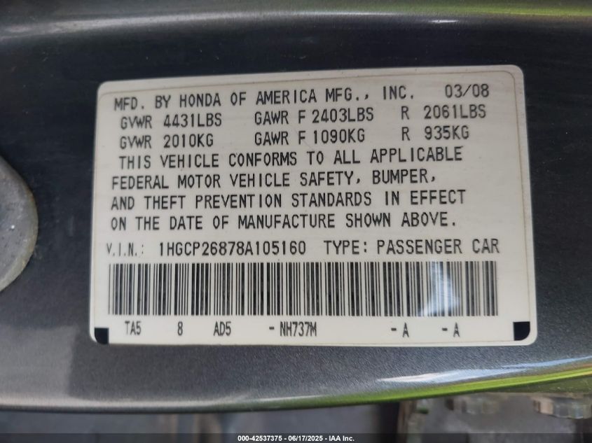 2008 Honda Accord 2.4 Ex-L VIN: 1HGCP26878A105160 Lot: 42537375