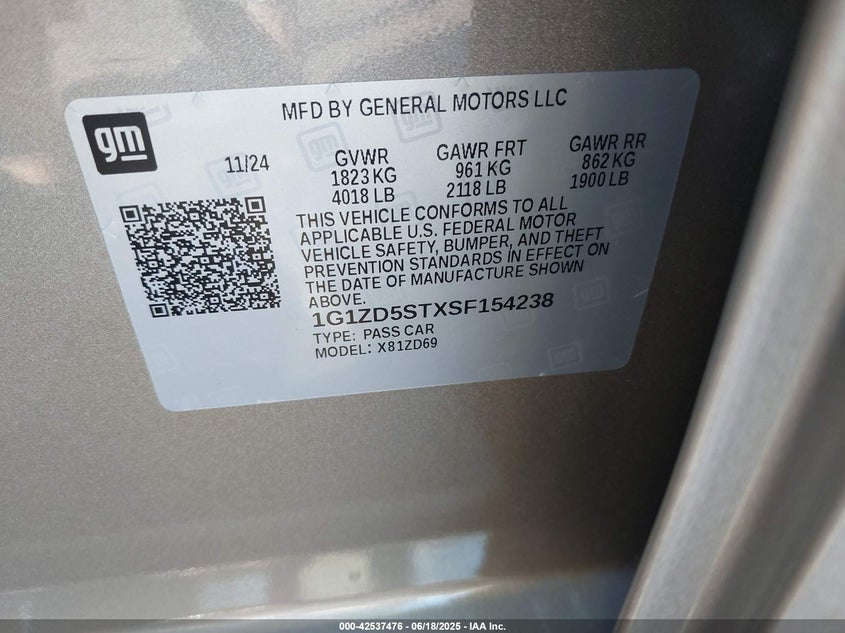 2025 CHEVROLET MALIBU VIN: 1G1ZD5STXSF154238