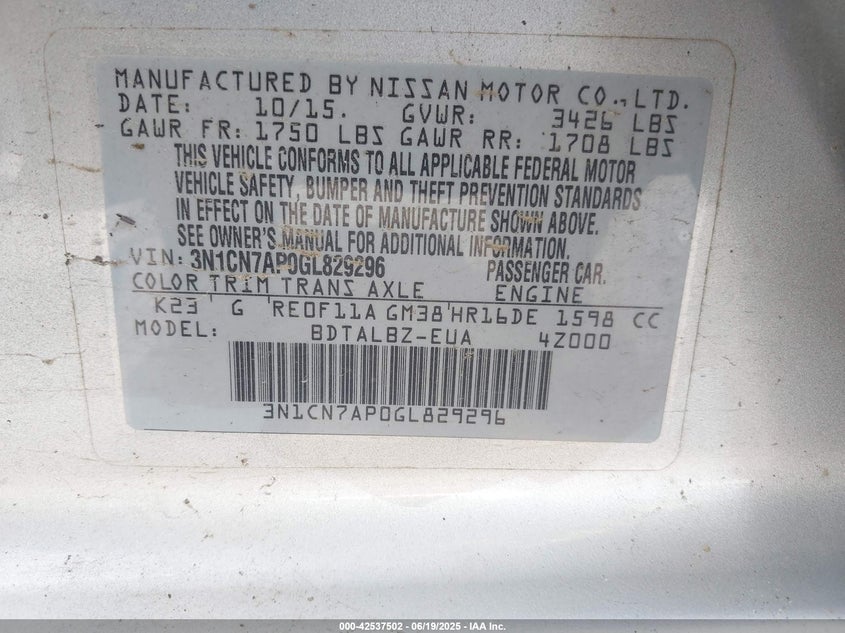 2016 NISSAN VERSA 1.6 SV - 3N1CN7AP0GL829296